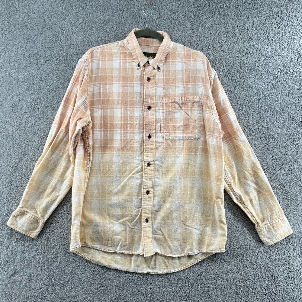 Cabela's Button Up Shirt Orange White Yellow Plaid Cotton Casual Flannel